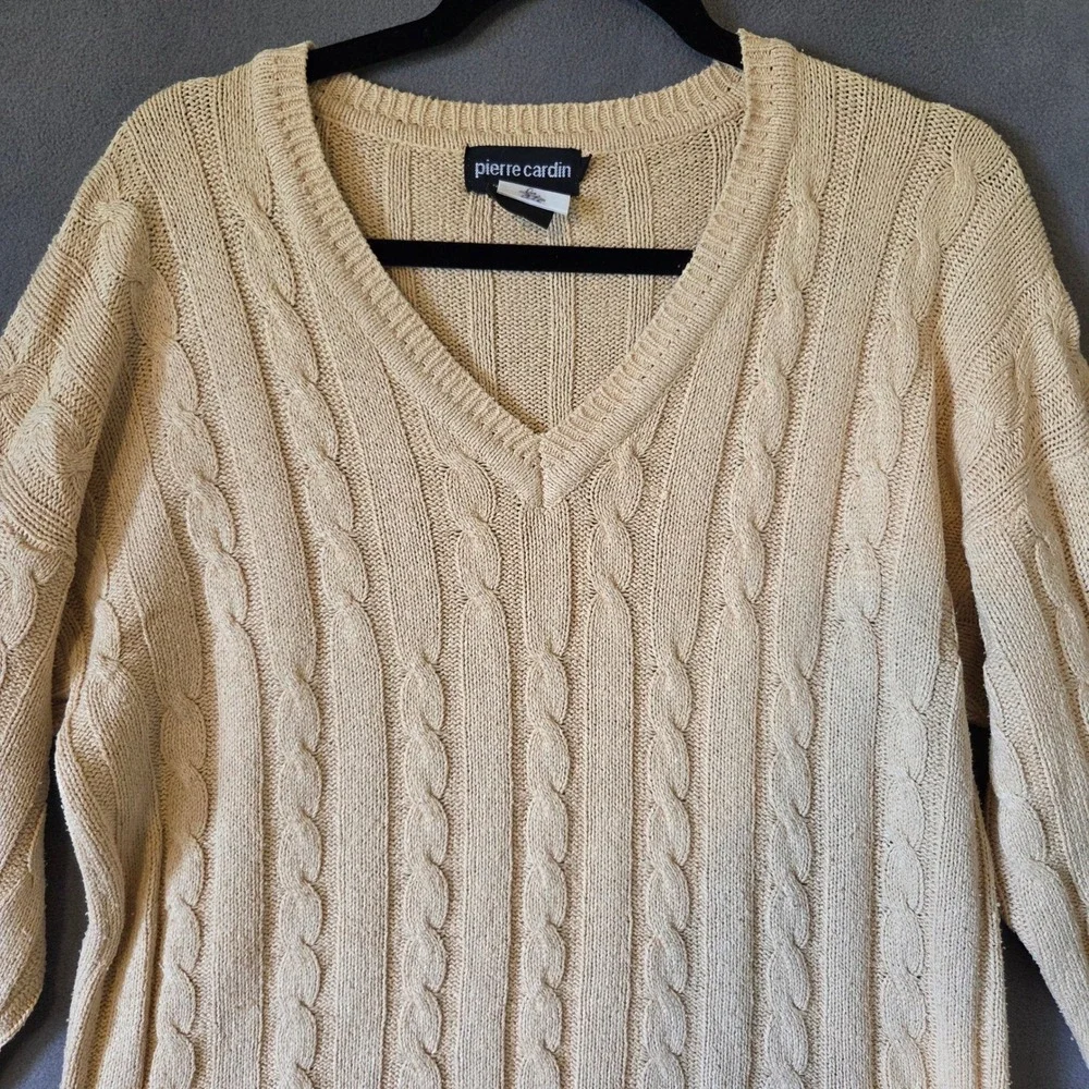Pierre Cardin Silk V-Neck Cable Knit Sweater Women Medium Quiet Luxury Coastal